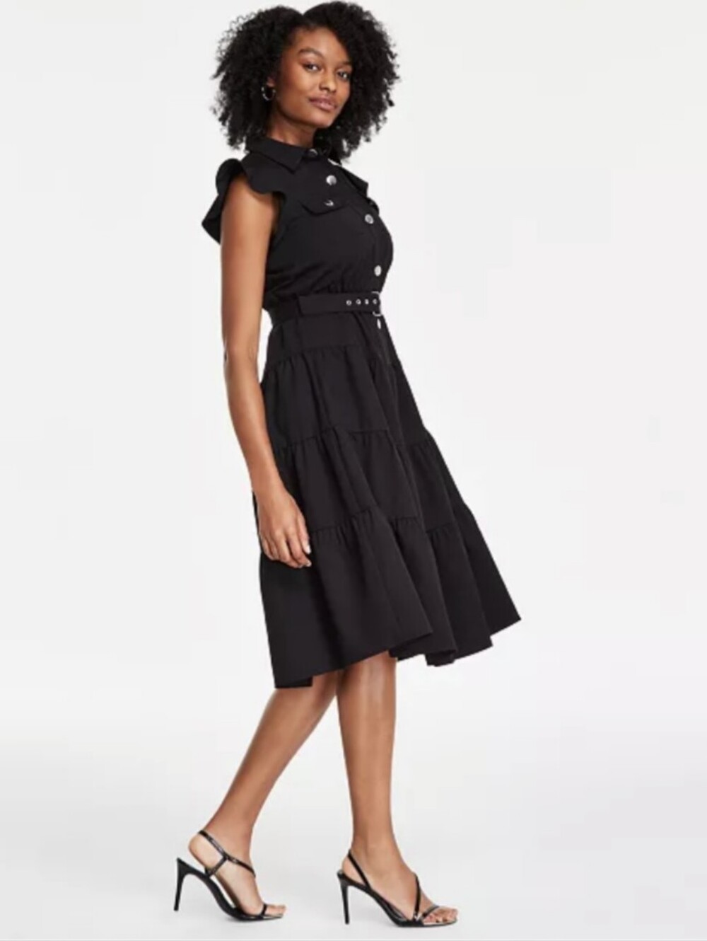 Tahari ASL Women's Front Button Tiered Midi Black Dress Size 10